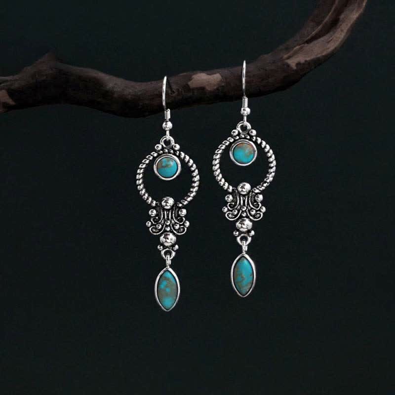 Nimara Ritual 925 Sterling Silver Hook Vintage Copper Plated Silver Turquoise Waterdrop Pattern Balance Drop Dangle Earrings