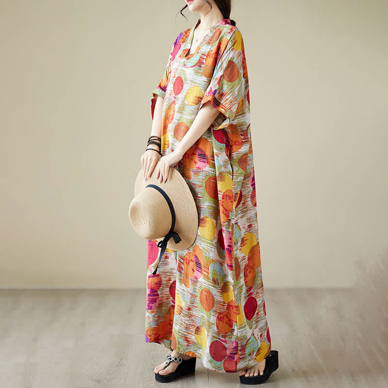 Nimara Ritual Orange Blue Colorful Polka Dots Midi Dress Cotton Half Sleeve Dress With Pockets
