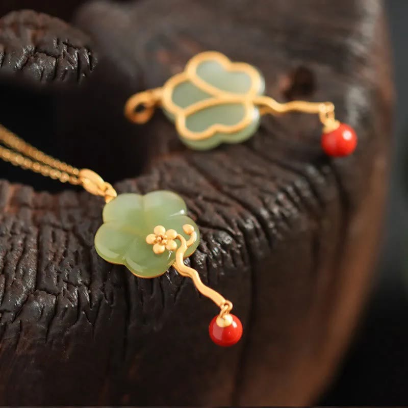 Nimara Ritual Vintage Plum Blossom Flower Jade Red Agate Prosperity Necklace Pendant