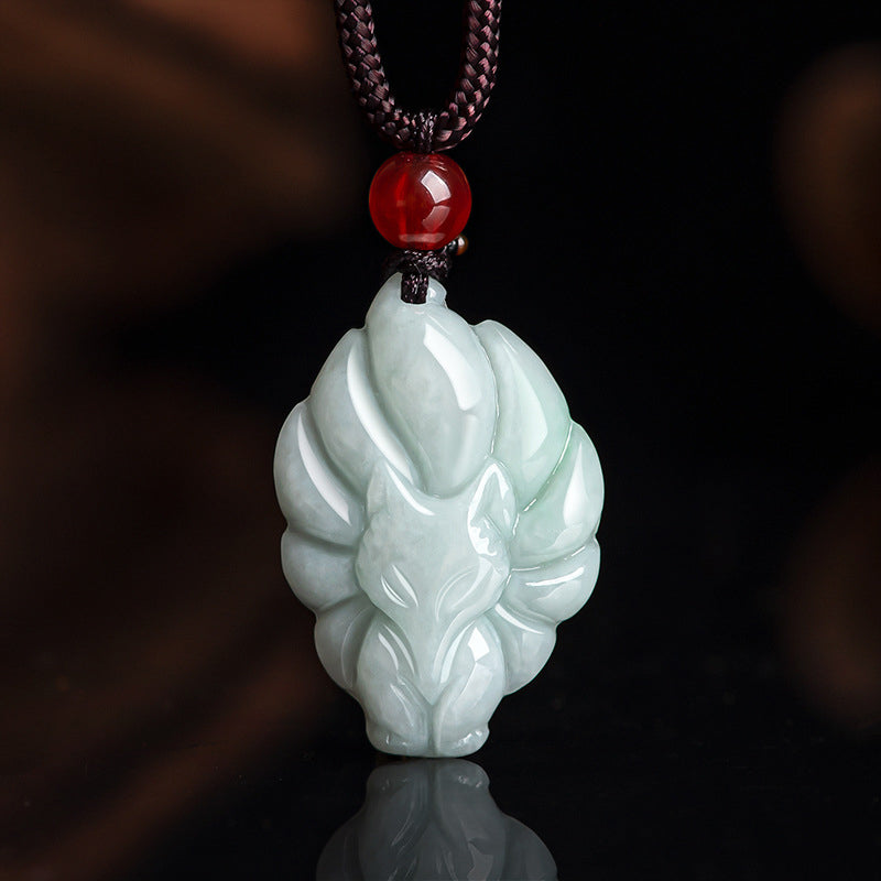 Nimara Ritual Natural Jade Nine Tailed Fox Luck Prosperity Necklace Pendant