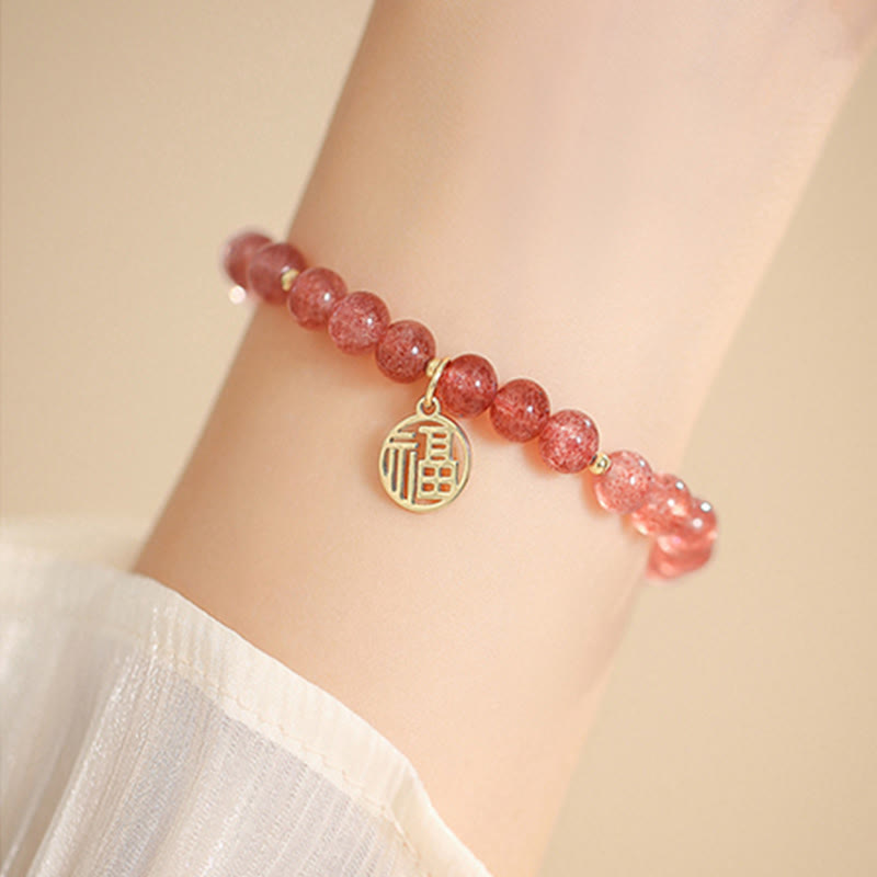 Nimara Ritual 14K Gold Plated Strawberry Quartz Fu Character Healing Charm Bracelet