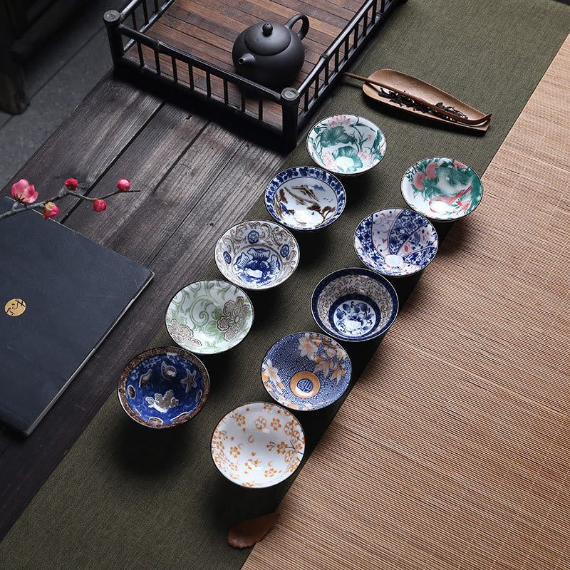 Nimara Ritual Flowers Fu Character Mountains Lotus Cherry Blossoms Ceramic Teacup Kung Fu Tea Cup
