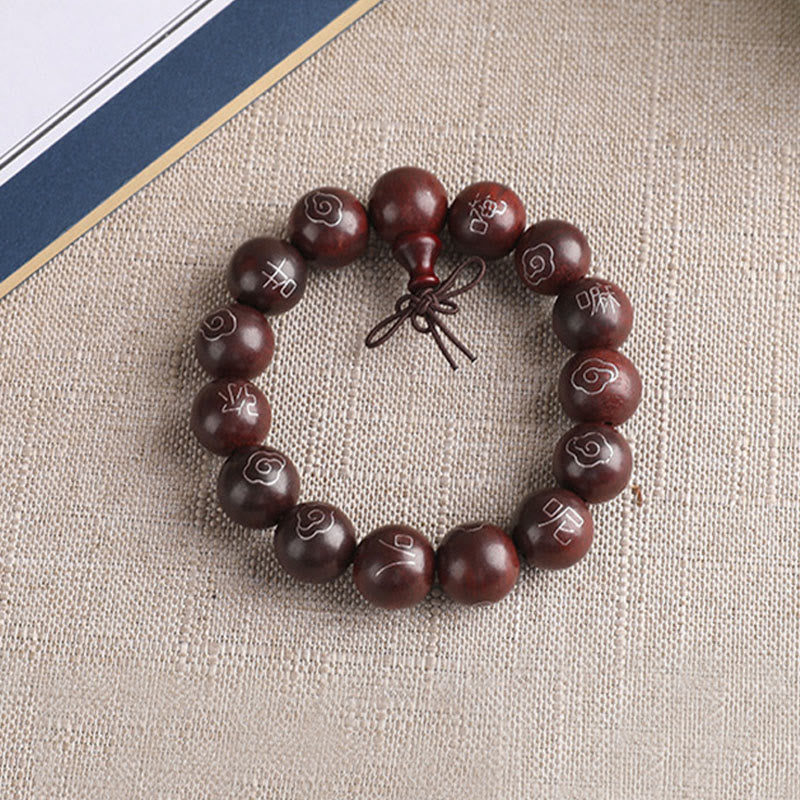 Nimara Ritual 925 Sterling Silver Inlaid Small Leaf Red Sandalwood Om Mani Padme Hum Character Auspicious Clouds Protection Bracelet