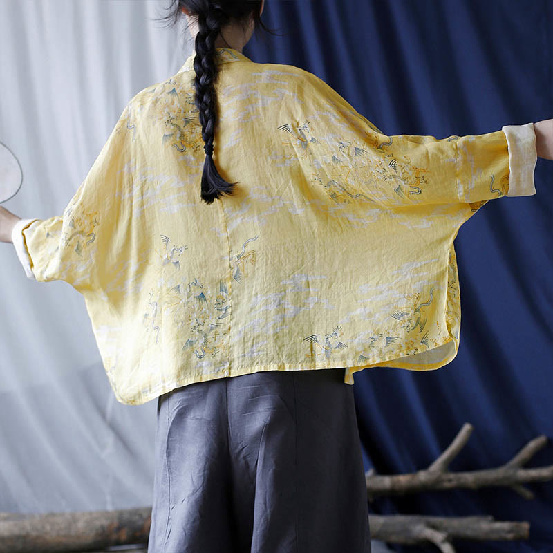 Nimara Ritual Yellow Phoenix Print Frog-button Design Long Sleeve Ramie Linen Jacket Shirt