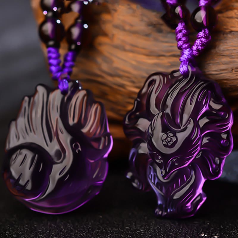 Nimara Ritual Natural Amethyst White Crystal Citrine Nine Tailed Fox Luck Necklace Pendant
