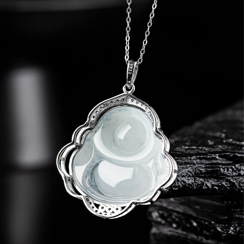 Nimara Ritual Laughing Buddha Natural Jade Abundance Titanium Steel Chain Necklace Pendant