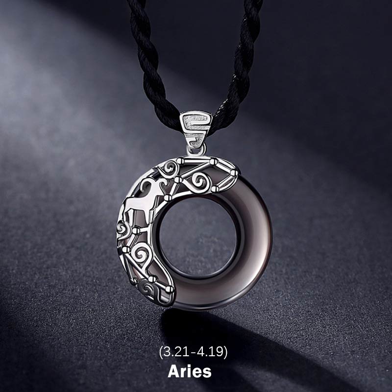 Nimara Ritual 12 Constellations of the Zodiac Ice Obsidian Blessing Round Pendant Necklace