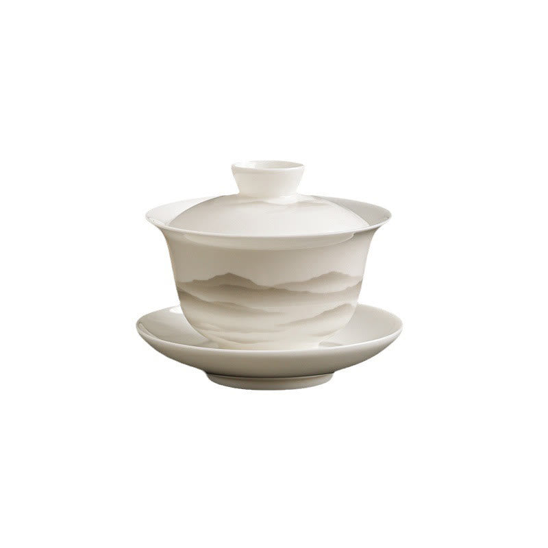 Nimara Ritual Vintage Ink Painting Mountain White Porcelain Ceramic Gaiwan Sancai Teacup Kung Fu Tea Cup And Saucer With Lid Tea Utensil Teapot