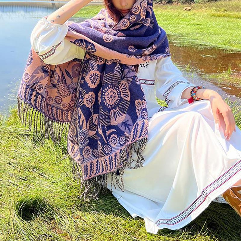 Nimara Ritual Tibetan Flower Floral Leaves Pattern Design Shawl Cozy Travel Scarf Wrap