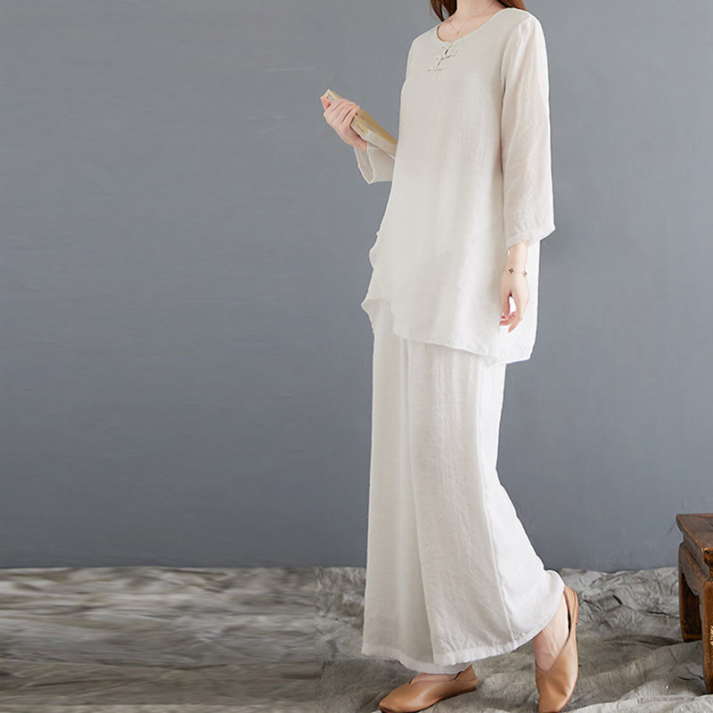 Nimara Ritual 2Pcs Frog-Button Long Sleeve Shirt Wide Leg Pants Meditation Cotton Linen Clothing