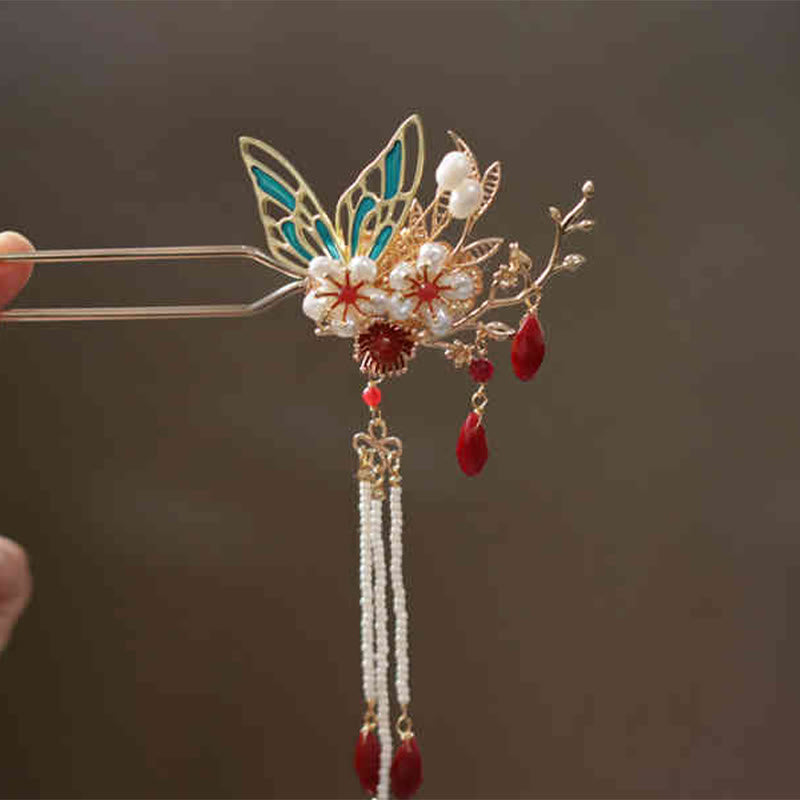 Nimara Ritual Classical Chinese Style Flower Branche Butterfly Pearl Tassel Hair Clip Hair Comb Hair Crown