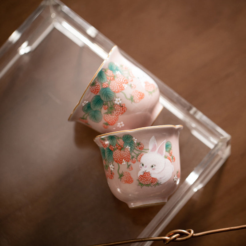 Nimara Ritual Cute Strawberry Rabbit Flower Ceramic Teacup Kung Fu Tea Cup 55ml