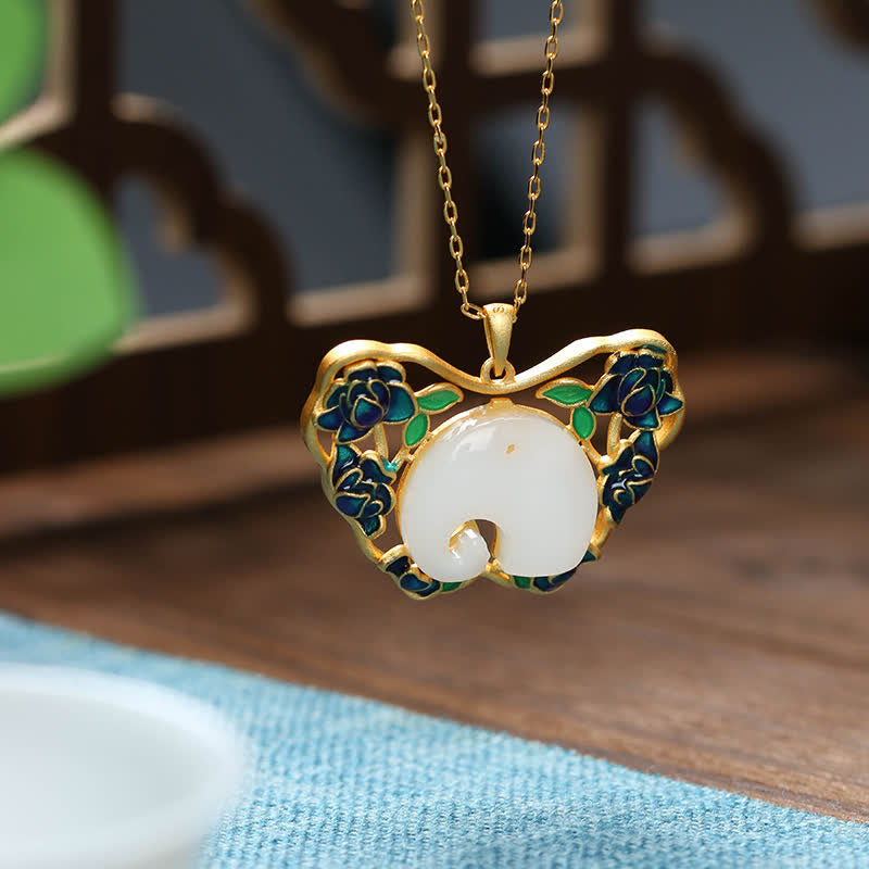 Nimara Ritual White Jade Elephant Butterfly Lotus Success Necklace Chain Pendant