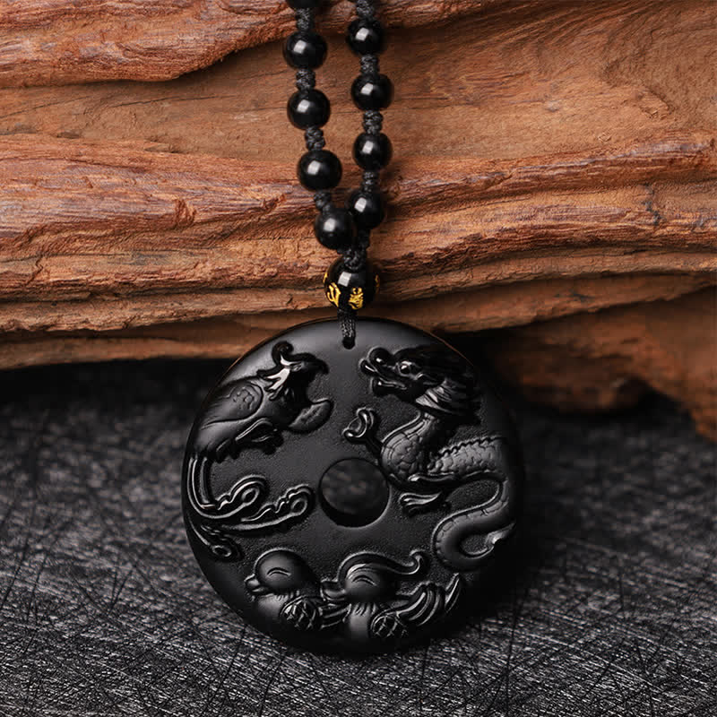 Nimara Ritual Black Obsidian Dragon Phoenix Mandarin Duck Luck Protection Necklace Pendant