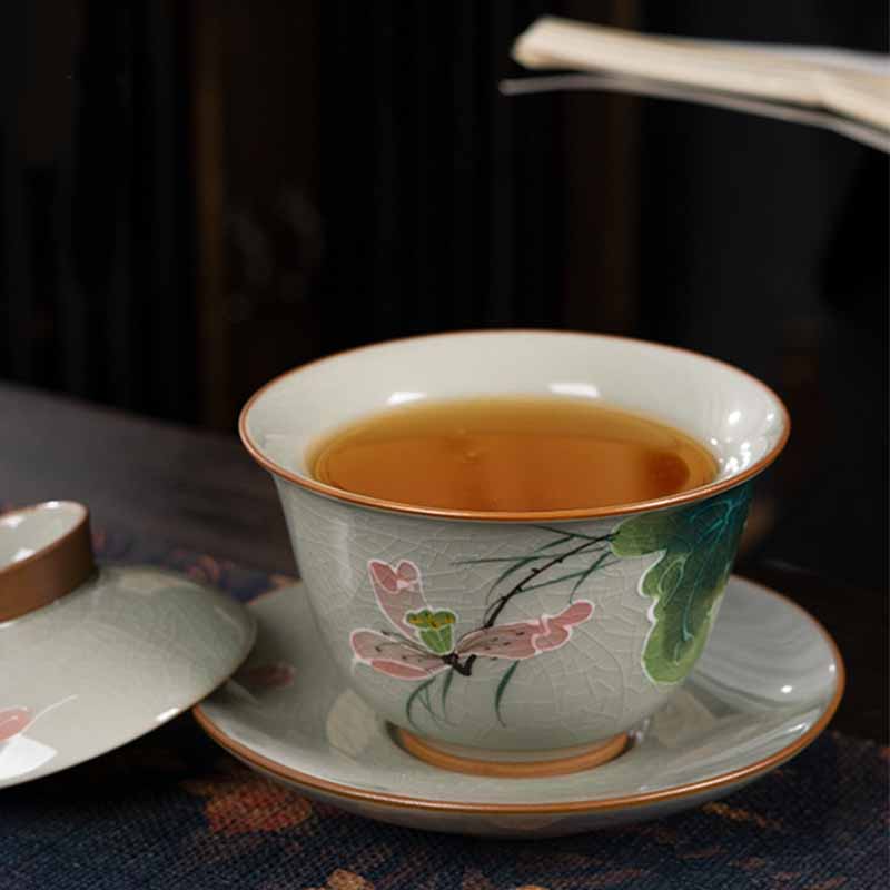 Nimara Ritual Lotus Koi Fish Pod Leaf Ceramic Gaiwan Sancai Teacup Kung Fu Tea Cup And Saucer With Lid 140ml