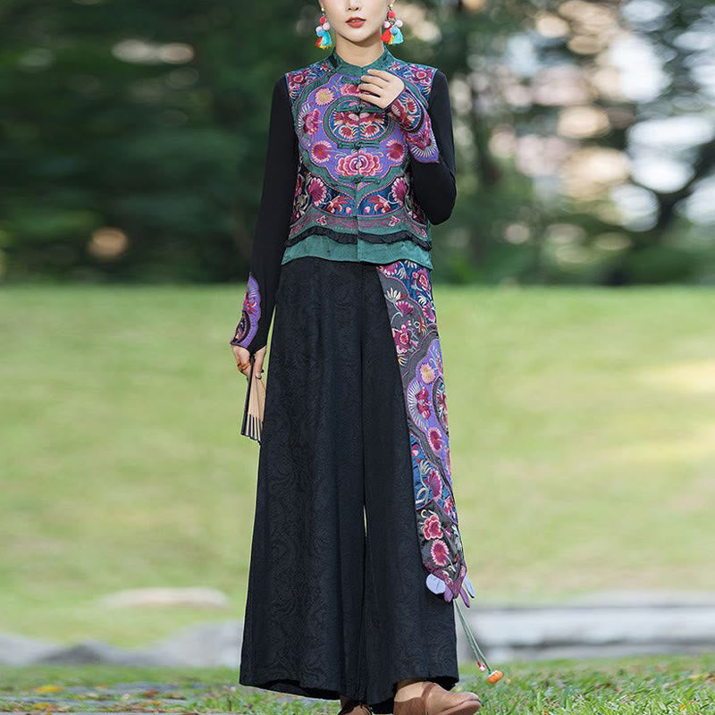 Nimara Ritual Frog-Button Embroidery Flowers Cotton Linen Tang Suit Design Sleeveless Vest
