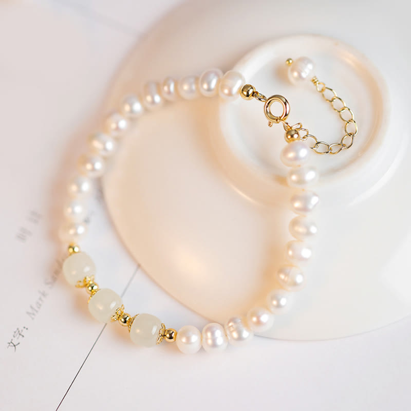 Nimara Ritual 14K Gold Plated Natural Pearl Hetian Cyan Jade White Jade Sincerity Bead Chain Bracelet