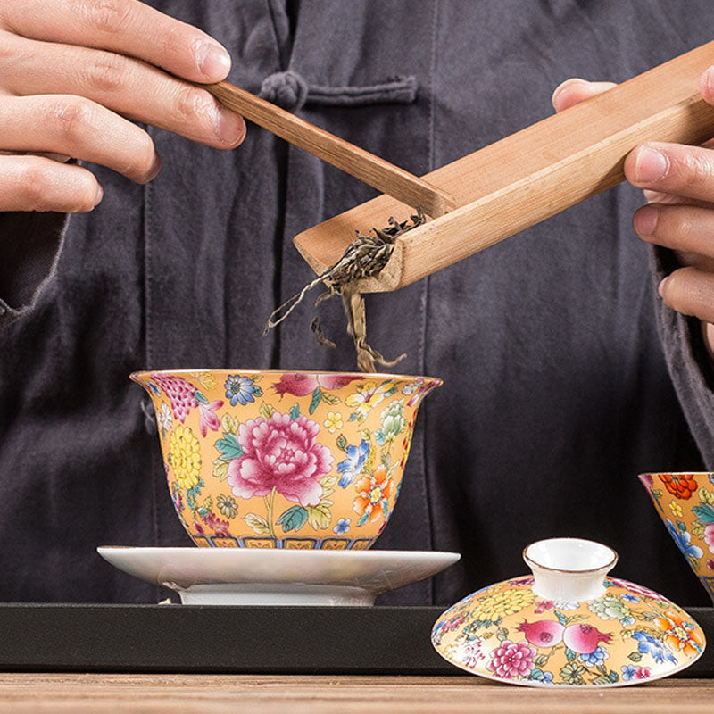 Nimara Ritual Peony Flowers Ceramic Gaiwan Sancai Teacup Kung Fu Tea Cup And Saucer With Lid