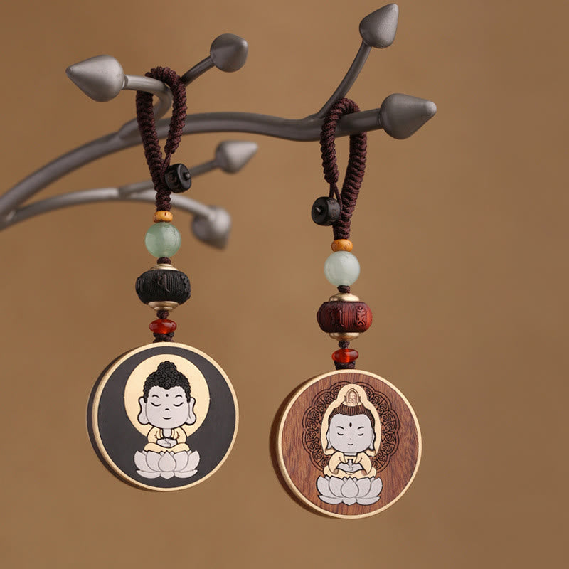 Nimara Ritual Ebony Wood Rosewood Buddha Avalokitesvara Om Mani Padme Hum Balance Car Key Chain Decoration