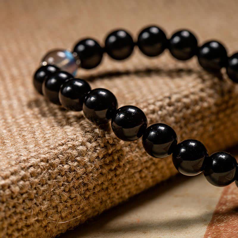 Nimara Ritual Chinese Zodiac Natal Buddha 925 Sterling Silver Black Obsidian Moonstone Strength Bracelet