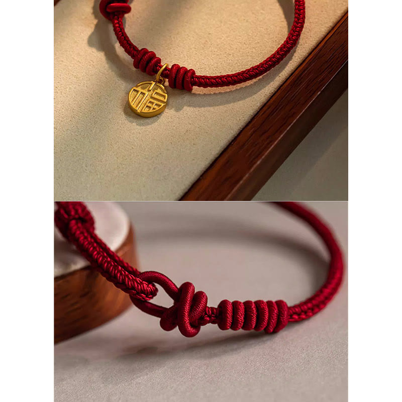 Nimara Ritual Handmade Eight Thread Peace Knot Fu Character Charm Luck Happiness Red Rope Bracelet