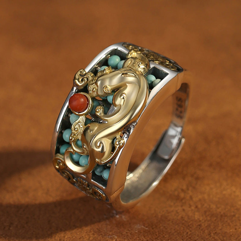 Nimara Ritual 925 Sterling Silver Turquoise Red Agate PiXiu Abacus Protection Ring