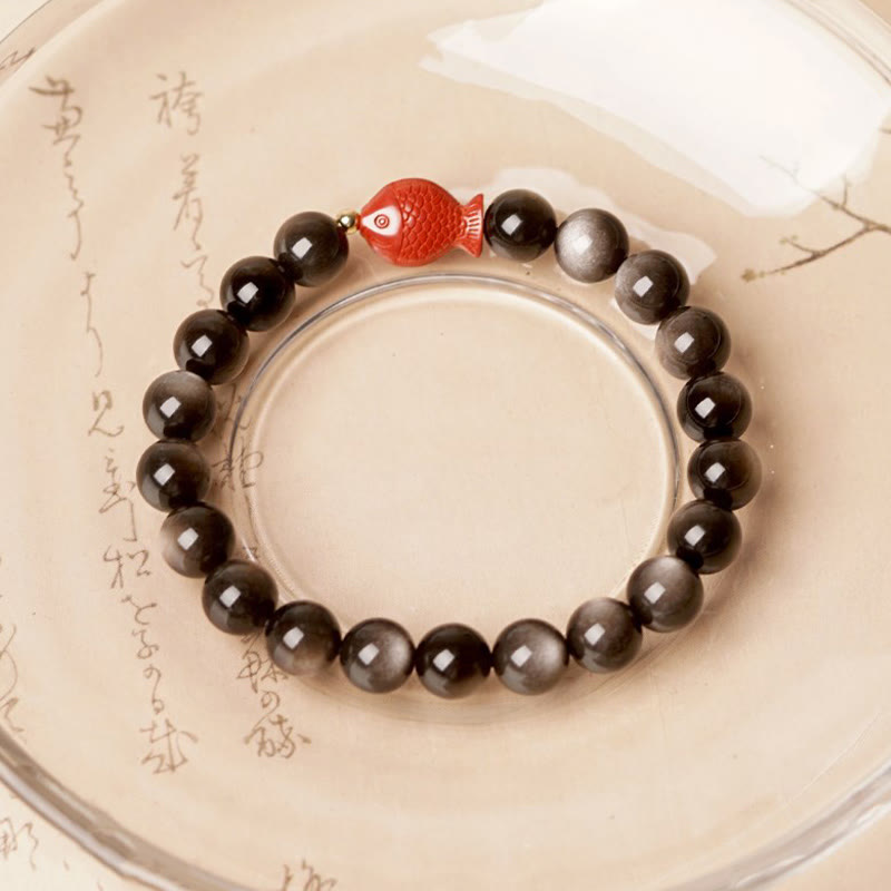 Nimara Ritual Natural Silver Sheen Obsidian Cinnabar Koi Fish Soothing Protection Bracelet
