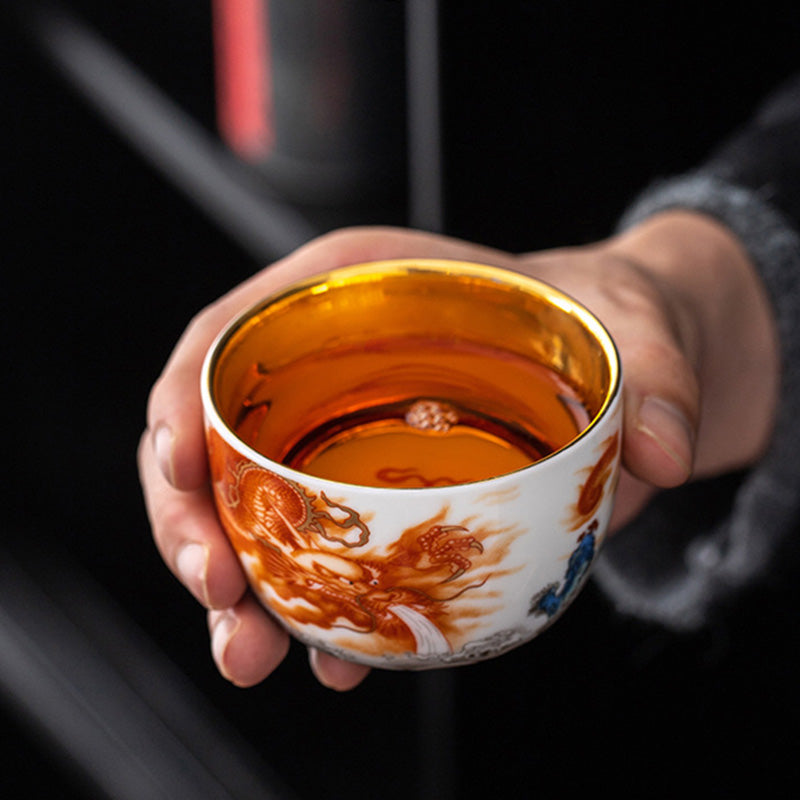 Nimara Ritual Dragon Phoenix Crane Sun Ocean Waves Gilt Ceramic Teacup Kung Fu Tea Cup 170ml