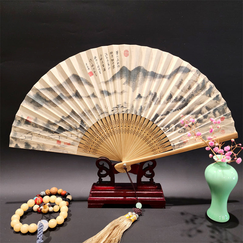 Nimara Ritual A Panorama Of Rivers And Mountains Cranes Orchid Flower Paper Bamboo Handheld Silk Bamboo Folding Fan 22cm