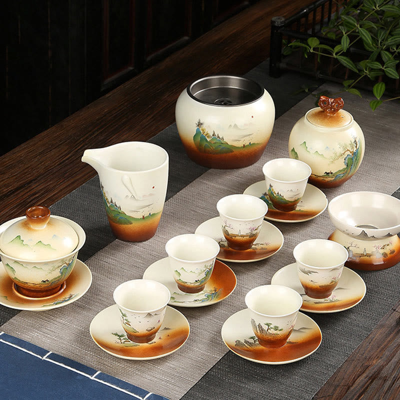 Nimara Ritual Mountain Landscape Countryside Ceramic Gaiwan Sancai Teacup Kung Fu Tea Cup And Saucer With Lid