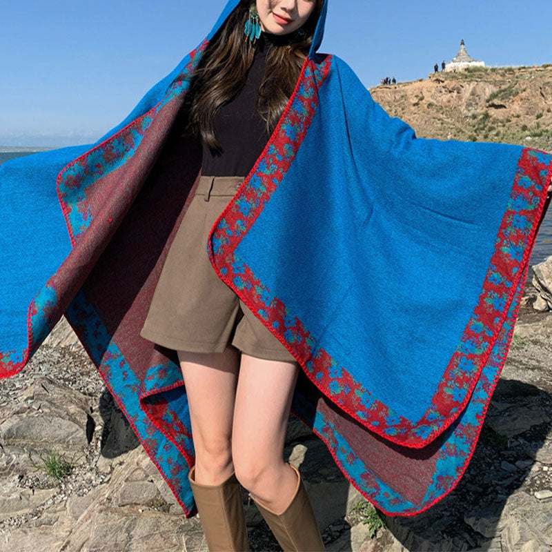Nimara Ritual Tibetan Shawl Border Small Floral Flower Hooded Cloak Winter Cozy Travel Scarf Wrap