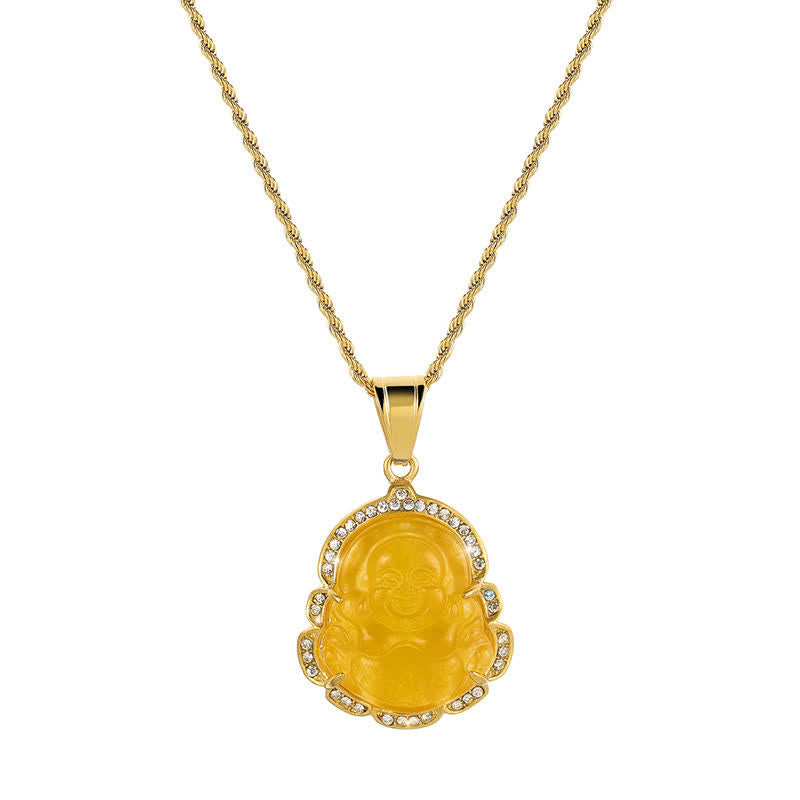 Nimara Ritual 18K Gold Filled Laughing Buddha Jade Luck Necklace Chain Pendant