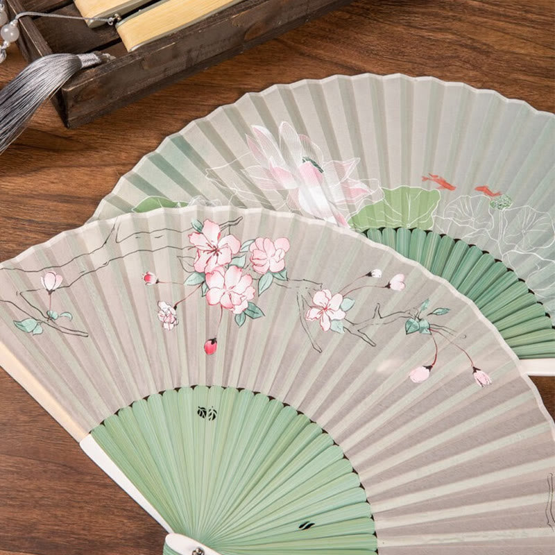 Nimara Ritual Jasmine Lotus Begonia Flowers Handheld Bamboo Folding Fan