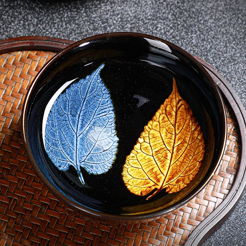 Nimara Ritual Gold Maple Leaf Chinese Jianzhan Ceramic Teacup Tenmoku Kung Fu Tea Cup Bowl