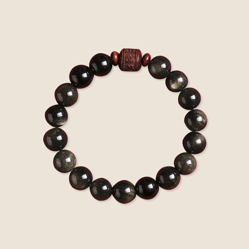 Nimara Ritual Natural Gold Sheen Obsidian Rainbow Obsidian Om Mani Padme Hum Fu Character Healing Bracelet