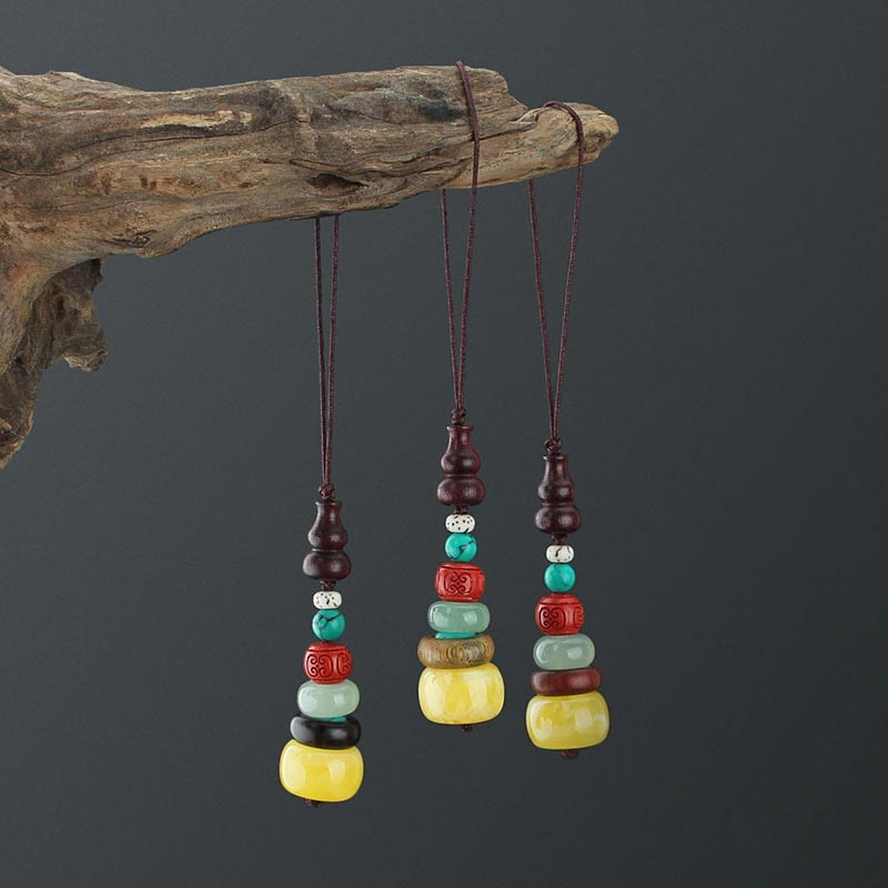 Nimara Ritual Green Sandalwood Ebony Wood Gourd Seven Layer Pagoda Positive Phone Hanging Decoration