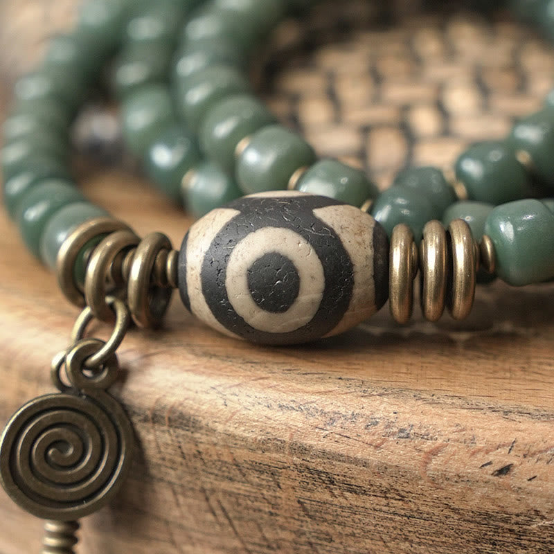 Nimara Ritual Cyan Bodhi Seed Dzi Bead Wisdom Peace Triple Wrap Bracelet