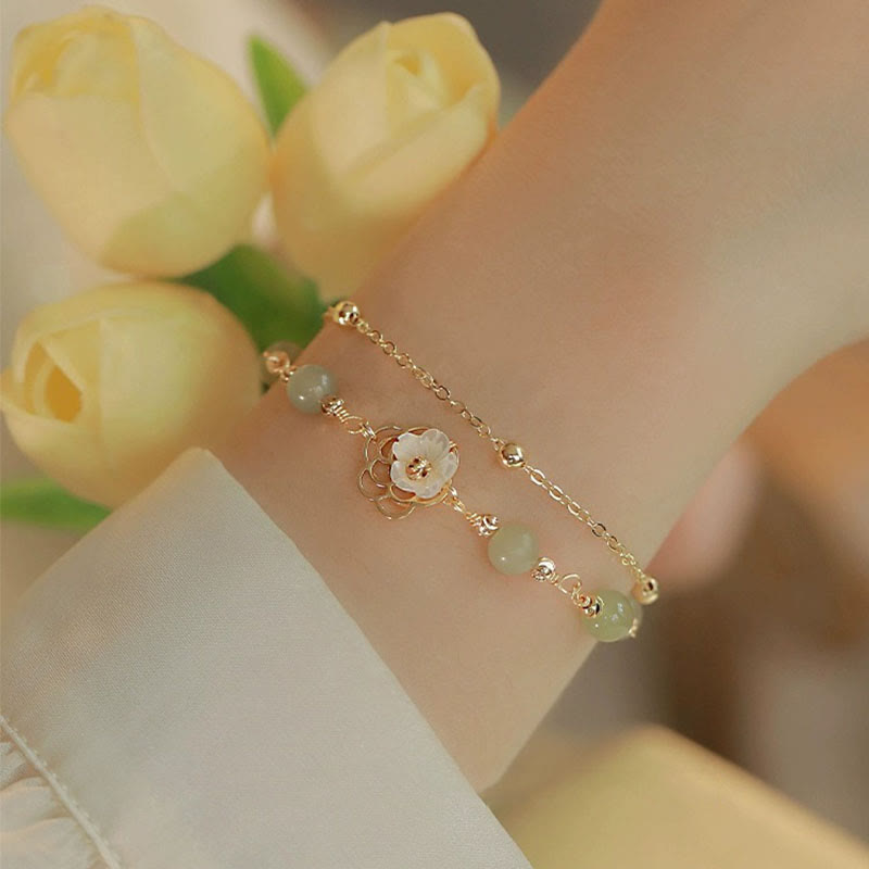 Nimara Ritual 14K Gold Plated Jade Butterfly Tridacna Stone Flower Double Layer Luck Bracelet