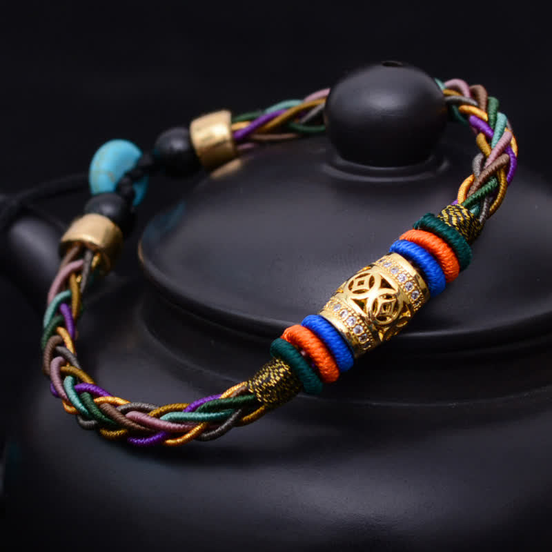 Nimara Ritual Tibetan Handmade Eight Thread Knot Copper Coin Luck Weave String Bracelet