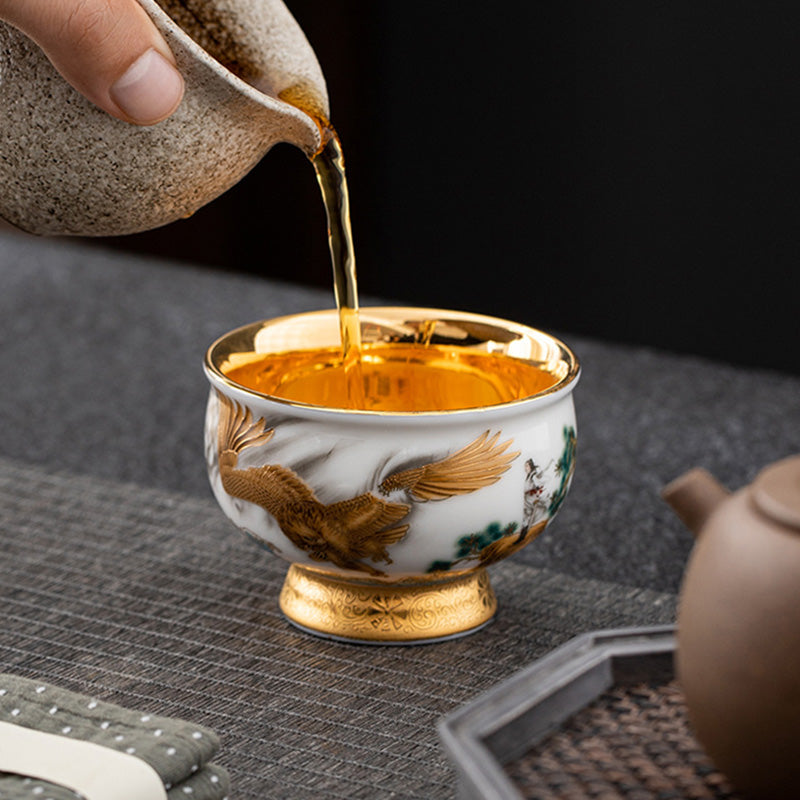 Nimara Ritual Golden Eagle Auspicious Dragon Sun Ocean Waves Gilt Ceramic Teacup Kung Fu Tea Cup