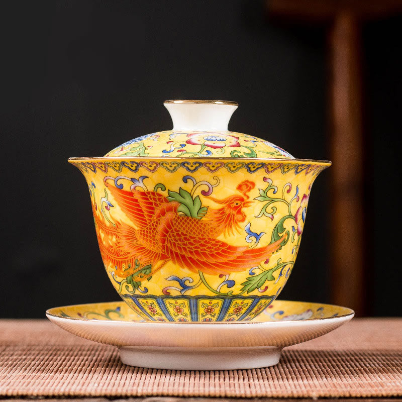 Nimara Ritual Dragon Phoenix Flower Design Ceramic Gaiwan Sancai Teacup Kung Fu Tea Cup And Saucer With Lid