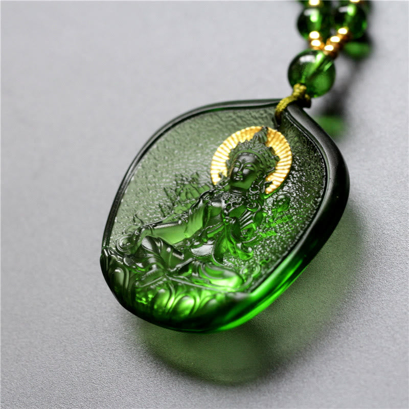Nimara Ritual Tibetan Green Tara Buddha Gold Plated Liuli Crystal Protection Necklace Pendant