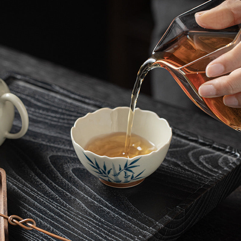 Nimara Ritual Small Blue Bamboo Leaves Ceramic Teacup Kung Fu Tea Cup Bowl