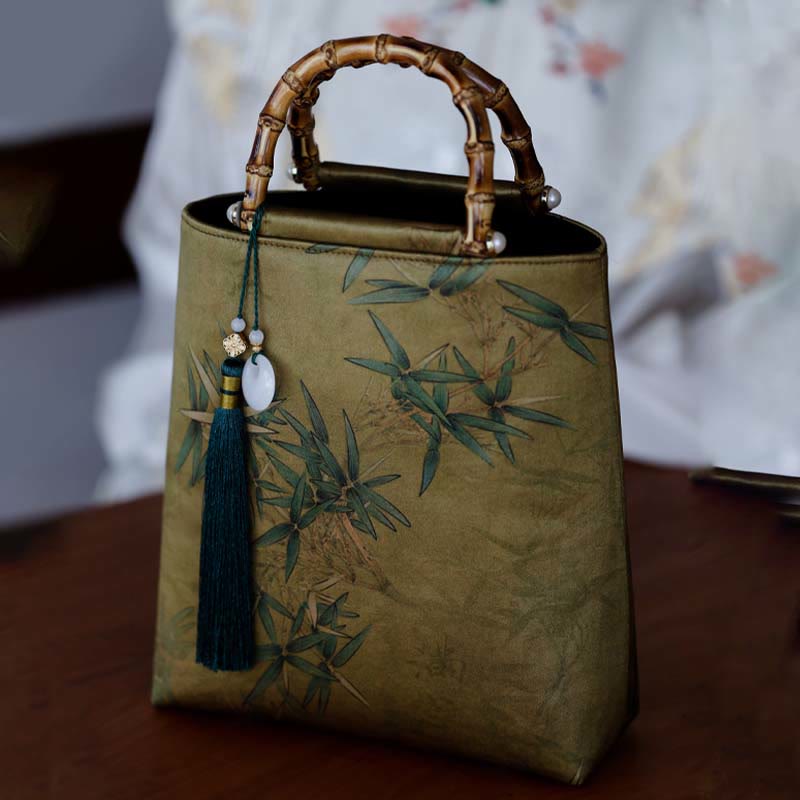 Nimara Ritual Yellow Green Bamboo Leaves Bamboo Handles Handbag