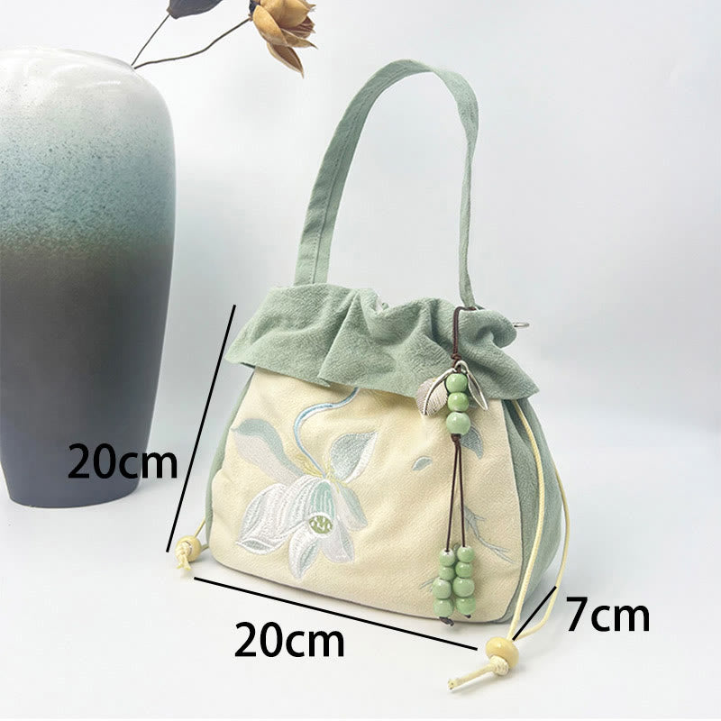 Nimara Ritual Suzhou Embroidery Lotus Epiphyllum Magnolia Cotton Linen Tote Crossbody Bag Shoulder Bag Handbag