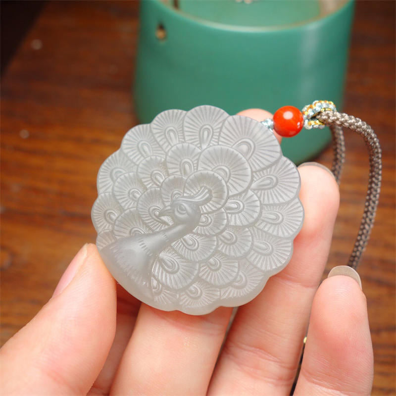 Nimara Ritual White Jade Peacock Protection Blessing Necklace Pendant