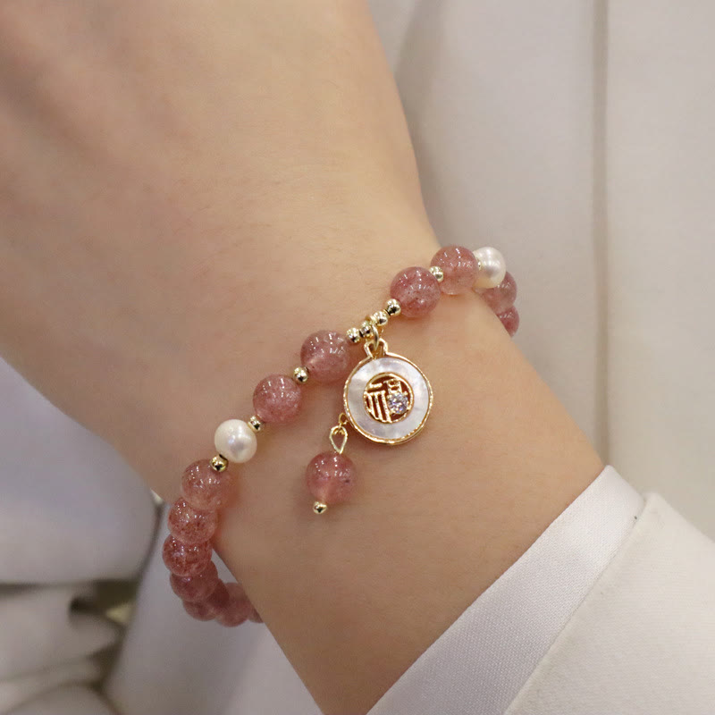Nimara Ritual Strawberry Quartz Pearl Elk Smiley Face Fishtail Fu Character Charm Healing Bracelet