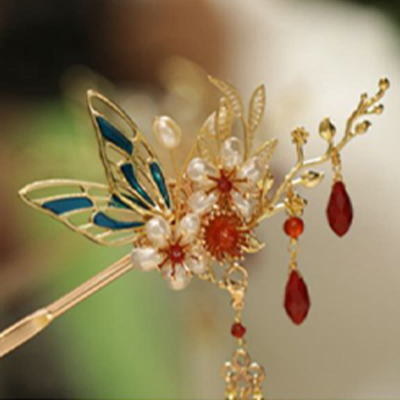 Nimara Ritual Classical Chinese Style Flower Branche Butterfly Pearl Tassel Hair Clip Hair Comb Hair Crown