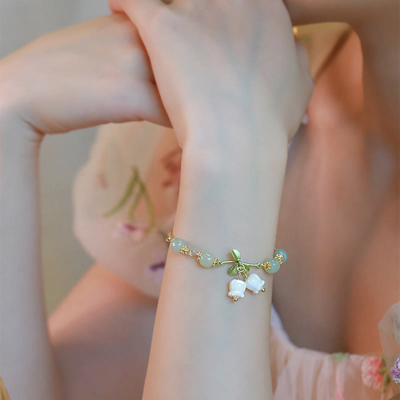 Nimara Ritual Green Jade Bead Lily of the Valley Prosperity Chain Bracelet