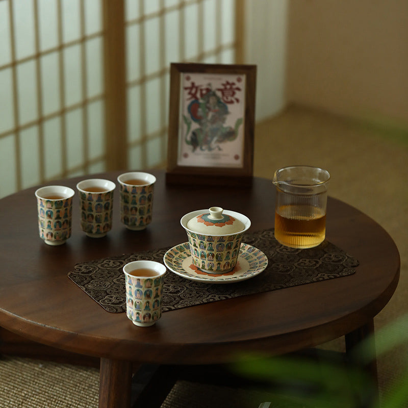 Nimara Ritual Dunhuang Color Thousand Buddhas Flying Apsaras Pattern Gaiwan Teacup Kung Fu Tea Cup With Lid
